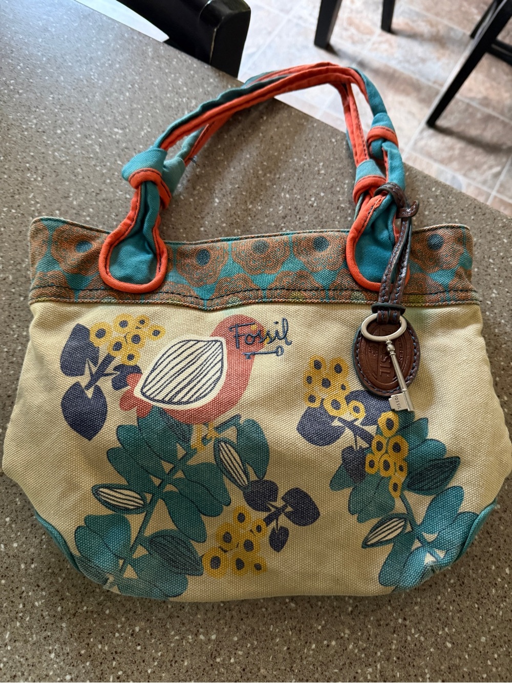Fossil Beige Canvas Tote with Teal, Orange & Yellow Accents